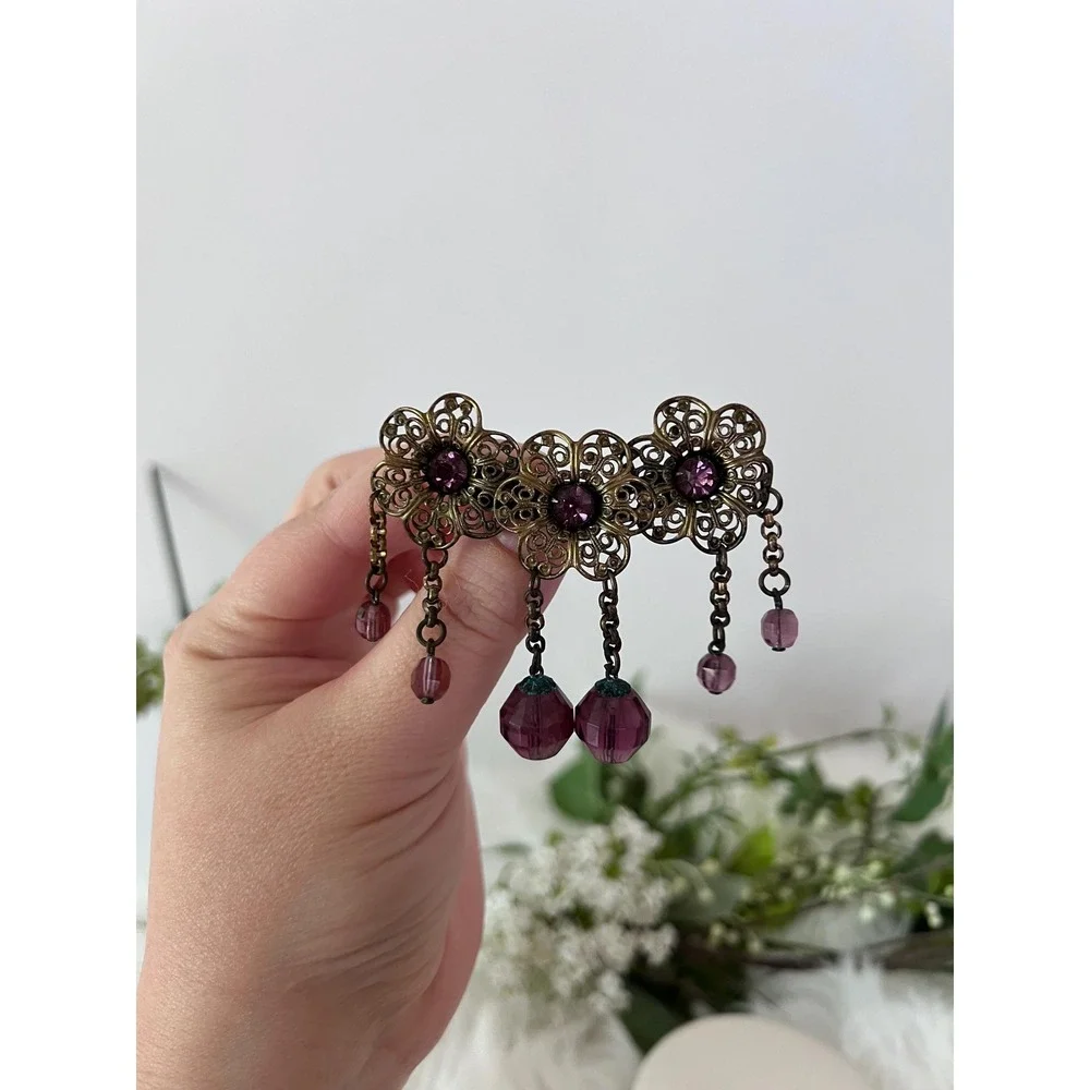 Vintage 1930s Brooch Purple Amethyst Glass Bead Dangle‎ Brass Filigree Art Deco